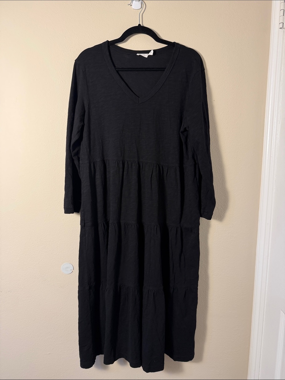Wilt Black Slub Jersey V-Neck Tiered Long Sleeve Midi Dress Size Large